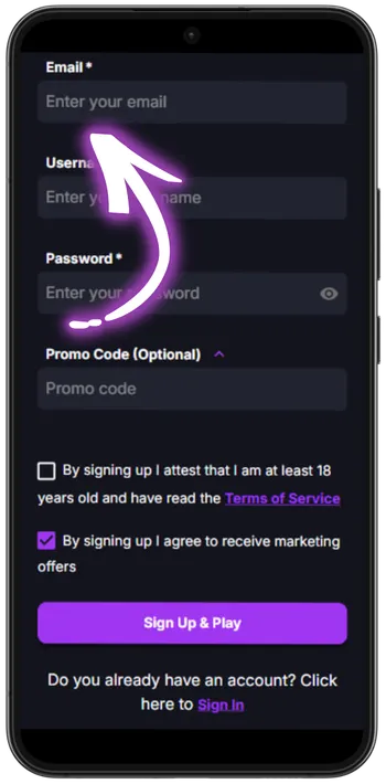 CoinCasino email field on registration form