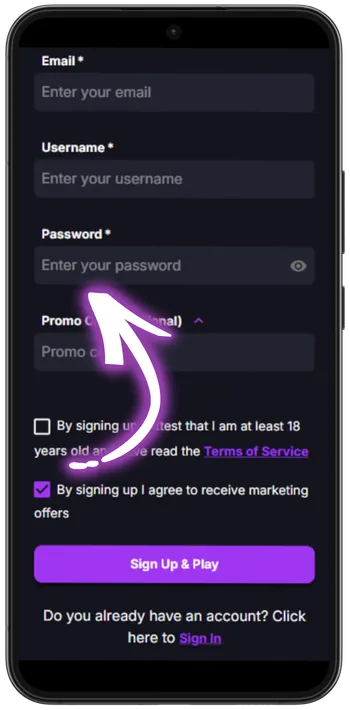 CoinCasino password field on registration form