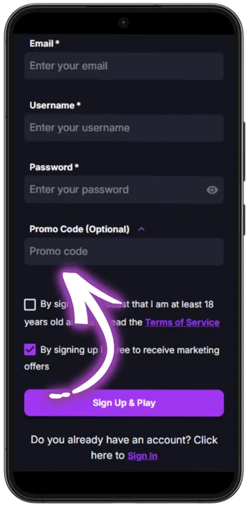CoinCasino optional promo code field