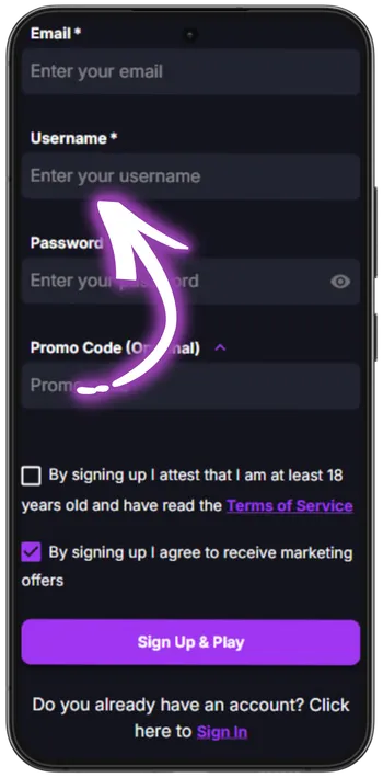 CoinCasino username field on registration form